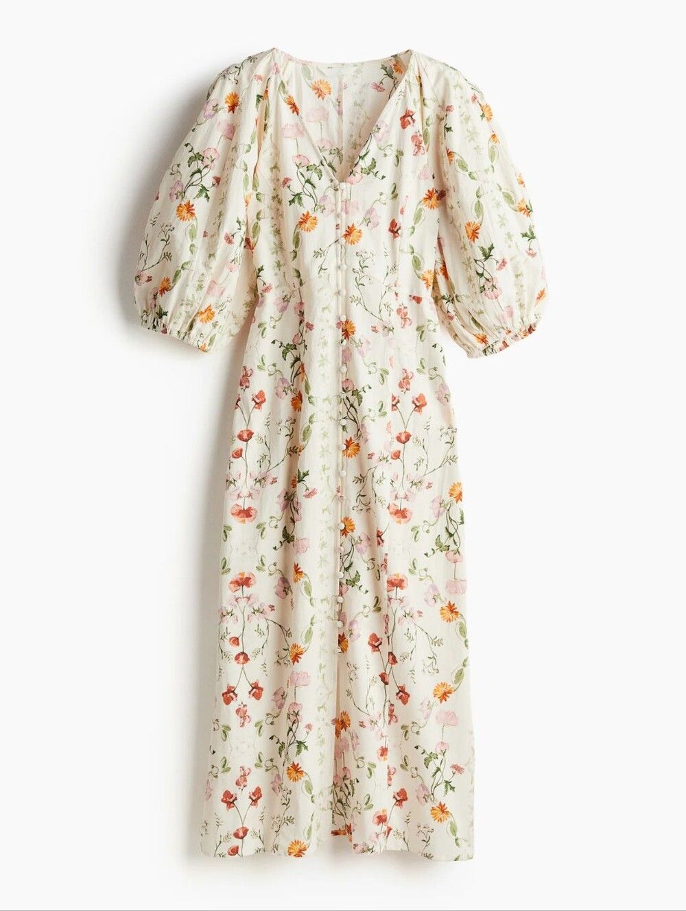 H&M Floral Cotton Midi Dress XS Puff Sleeve Cottagecore Button Front White - Picture 2 of 12